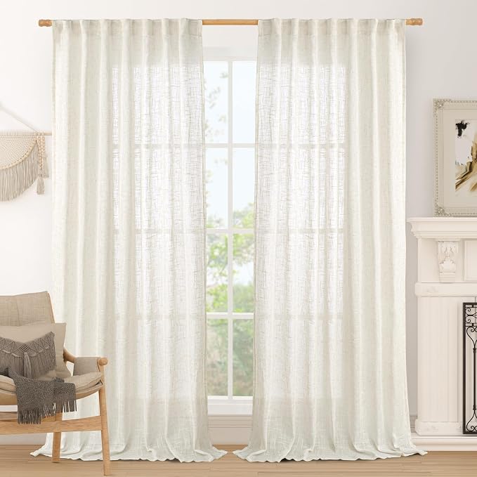 Extra Wide Linen Curtains for Bedroom Living Room 60 x 84 Inch | Cream, Light Filtering, Faux Linen Textured, Semi Sheer Panels for French Door, Dining Room Rod Pocket Back Tab, 2 Panels