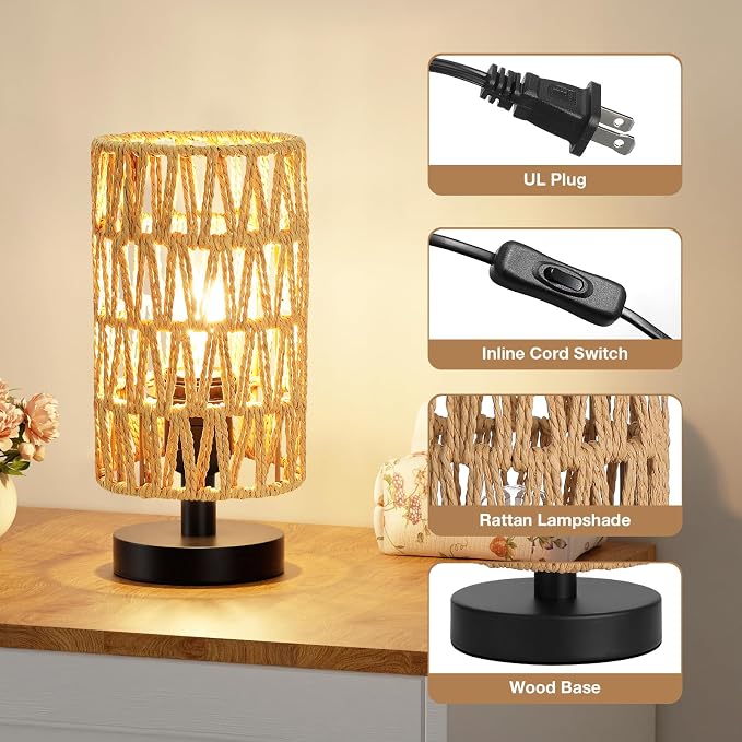 Fenmzee Table Lamps (Rattan Rope Shade - Black Base, 9" Inline Control)