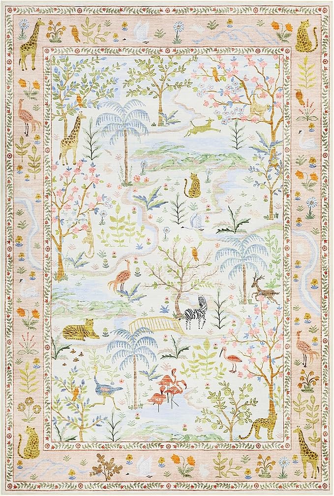 4x6 Whimsical Safari Nursery Area Rug Washable Non Slip Small Living Room Rugs Low Pile Animal Print Girs Bedroom Blush Throw Carpet Forest Fairy Tale Area Rugs for Entry Kids Room, Peach Blush