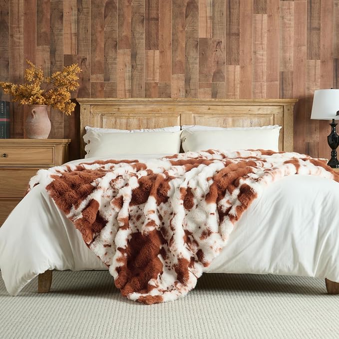 Lotus Karen Faux Fur Throw Blanket Cow Print-Light Brown, Fluffy Fuzzy Plush Bubble Blanket for Couch, 90x90 InchesCozy Shaggy Rabbit Blanket, Luxury Decorative Gifts for Sofa Bedroom Living Room.