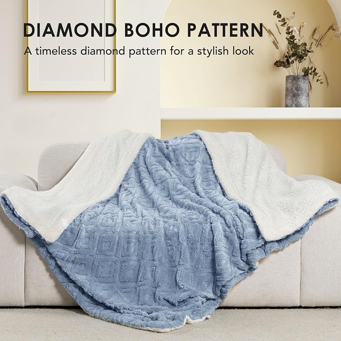EverGrace Jacquard Reversible Sherpa Throw Blanket, 60" x 80", Blue Linen | Jacquard Sherpa Throw Blanket, Super Soft, Cozy Plush Blanket, Reversible Thick Warm Throw for Bed, Sofa, Living Room
