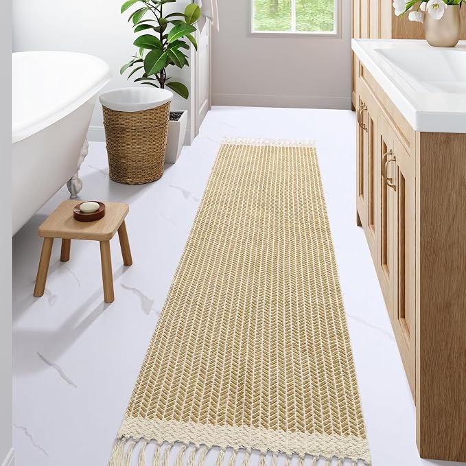 Lahome Boho Bathroom Runner Rug, 2x7 Washable Rugs for Laundry Room Hallway | Woven Cotton Hallway Rugs with Tassels, Farmhouse Decor Mat, Non Shedding Lightweight Low Pile Carpet for Kitchen Bath, Khaki