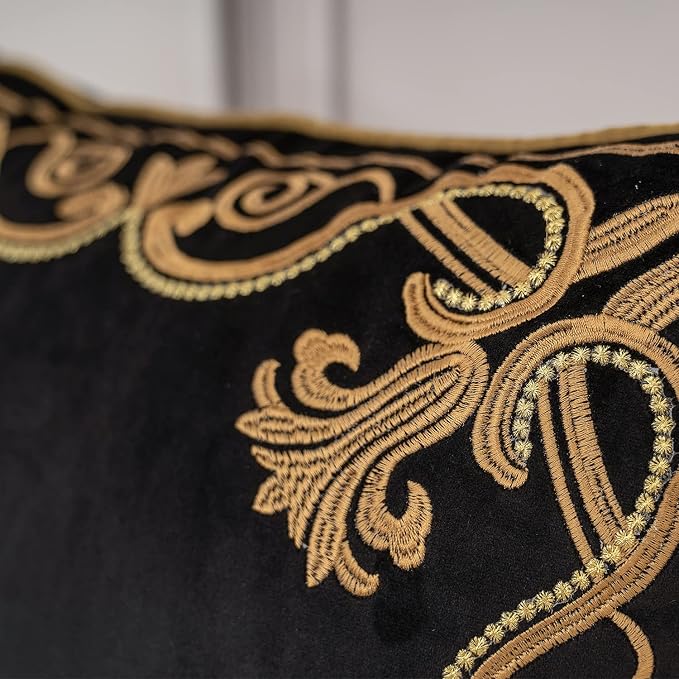 Aeckself European Floral Pillow Cover 12x20 Inch, Luxury Velvet Embroidered Decorative Lumbar Throw Pillow Cover for Couch Bedroom Living Room, Black and Gold