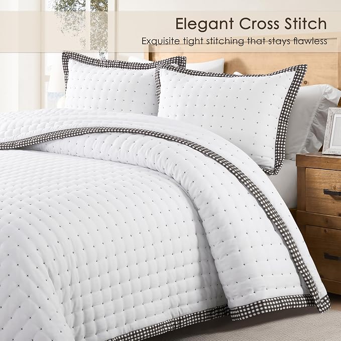 WDCOZY White Cloud Quilt Set Queen Size, Lightweight Soft Cross Stitch Bedspread, Farmhouse Rustic Country Coverlet, Spring Summer Thin Comforter, 3 Pieces, 2 Pillow Shams, 90x90 inches
