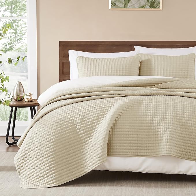 Queen Quilt- Lightweight Bedspreads Beige Queen Size Quilt Bedding Set | Soft Coverlet with 2 Pillow Shams for All Seasons, Suitable for Bed, Couch, 3 Pieces, 90"x94"