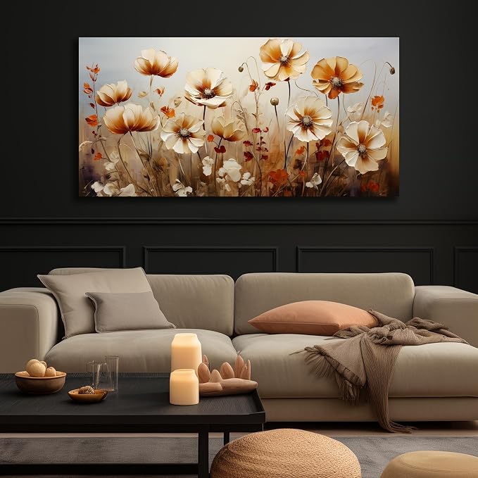DNIEOTU Flower Canvas Wall Art for Living Room, Floral Wall-Decor for Bedroom, Beige and Brown Picture Prints for Hallway Office, Size 47 x 24 Inches