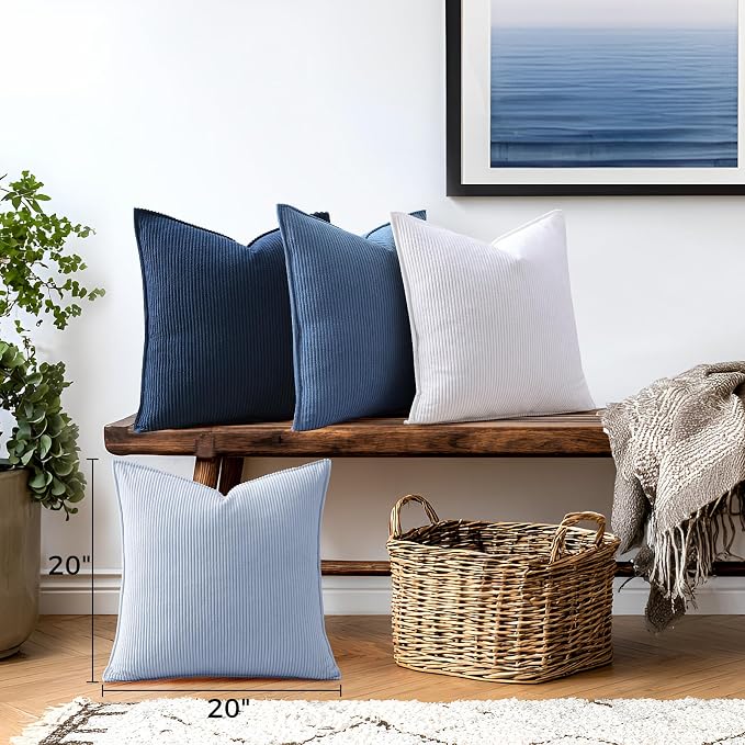 Pack of 4 Throw Pillow Covers Corduroy 20x20 Inch,Blue | Decorative Velvet Couch,Summer Cases Square,Farmhouse Boho Cushion Covers for Sofa Bed Living Room Home Decor & Office