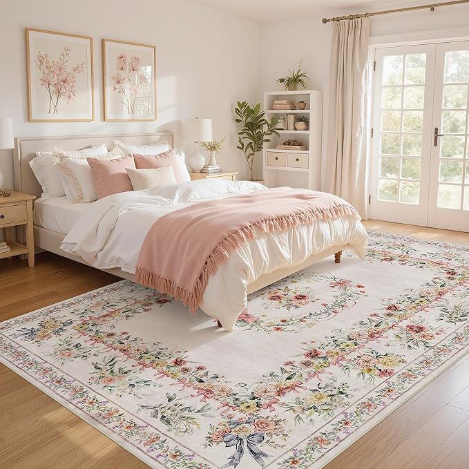 Joydeco Washable 9x12 Area Rugs, Ultra-Thin Large Area Rug for Living Room, Pink Soft Non Slip Boho Floral Bow Apartment Decor Carpet for Big Bedroom Playroom Nursery Office, Light Pink
