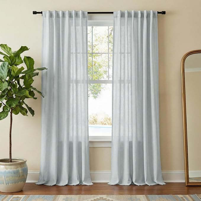 NICETOWN Linen Blend Light Cyan Curtains 96 inches Long, Rod Pocket & Back Tab Light Filtering Semi Sheer Window Treatments Privacy Added Drapes for Living Room, W55 x L96, 2 Panels