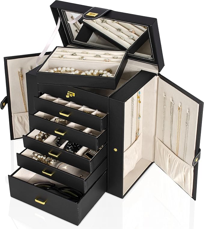 AKOZLIN 6-Tier Jewelry Box Organizer Functional 5 Drawers Leather Jewelry Storage Case for Women Girls Ring Necklace Earring Bracelet Holder Organizer with Mirror Black Large