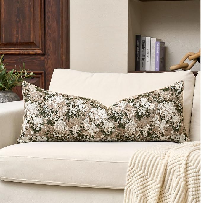 Yangest Neutral Floral Pillow Cover 14 x 36 Inches, Vintage Chenille Accent Throw Pillow Cover Soft Decorative Farmhouse Accent Couch Pillow Cover for Living Room Bedroom, Green