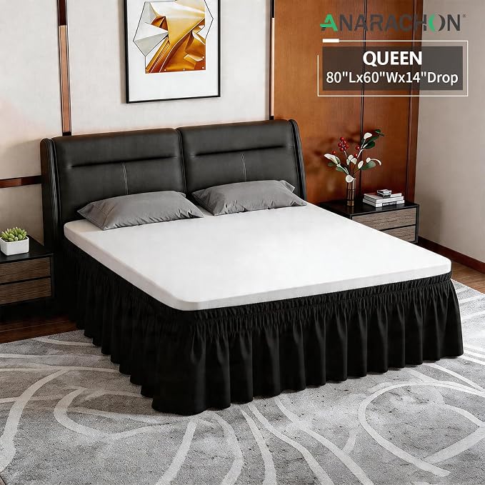 ANARACHON Queen Bed Skirt, Elastic Wrap Around Bed Skirt Queen Size, Bed Skirts for Adjustable Bed, Easy Fit with 14" Drop Length Tailored Drop Dust Ruffle (Black)