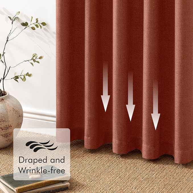 MIULEE Faux Linen Curtains 63 Inch Length 2 Panels Natural Burnt Orange Semi Sheer Curtain with Back Tab Rod Pocket, Light Filtering Window Privacy Burlap Drapes for Living Room Bedroom 42W x 63L