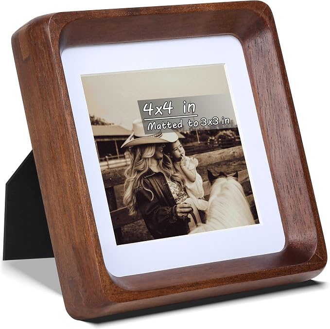 Square 4x4 Picture Frame with Mat for 3x3, USA-Sourced Natural Walnut Wood Handcrafted Rounded Corner with Real Glass, Vertical or Horizontal Display Photo Gallery Wall & Tabletop Frame