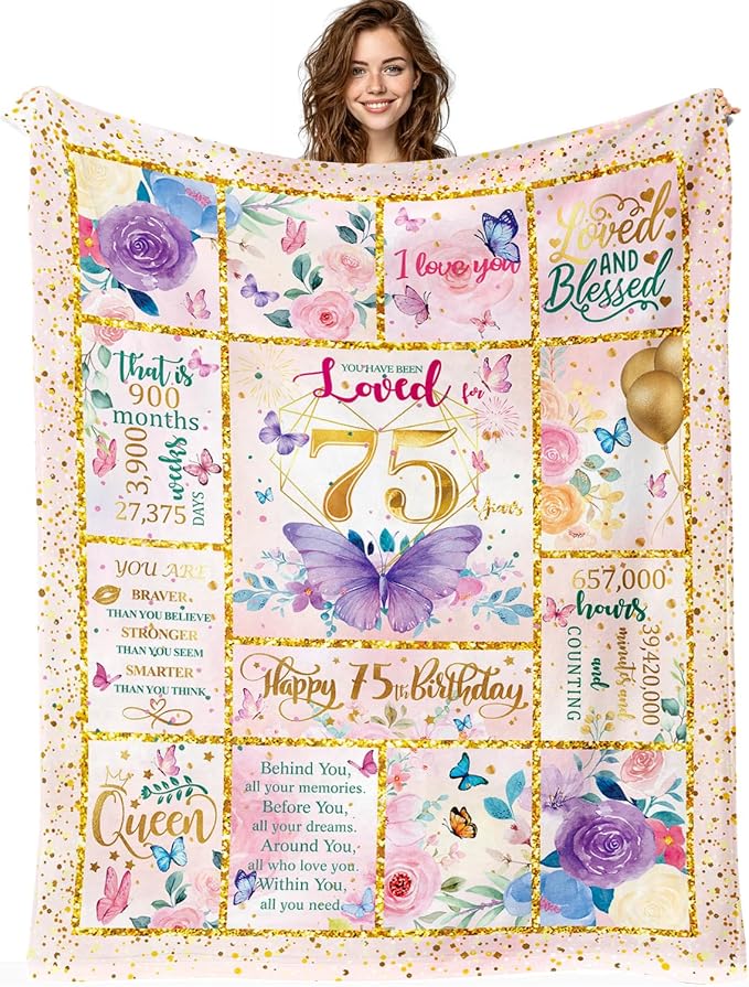 75th Birthday Gifts for Her -75 Year Old Gifts for Women Mom -75th Milestone Birthdays Blanket -75th Birthday Blanket for Women - Warm Soft Plush Flannel Throw Blankets (60"x50")