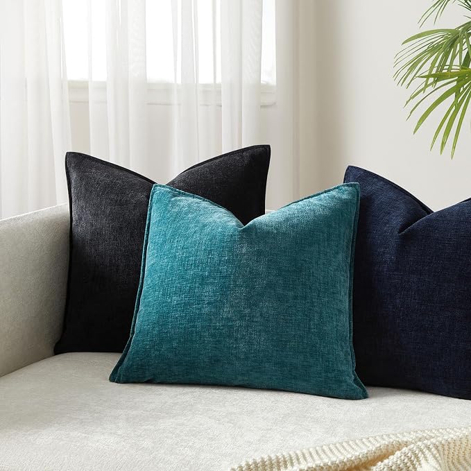 24x24 Chenille Decorative Throw Pillow Covers Case Set of 2,Peacock Blue | JUSPURBET Cozy Soft Cushion Covers with Invisible Zipper for Couch Sofa Bed Home Decor Living Room