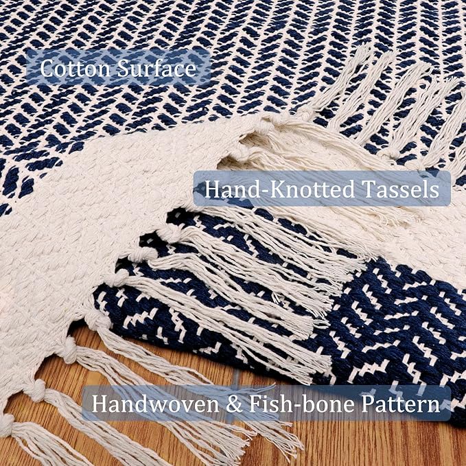 Lahome Boho Bathroom Runner Rug, 2x6 Washable Rugs for Kitchen Hallway | Woven Cotton Laundry Room Throw Carpet with Tassels, Farmhouse Decor Blue Non Shedding Lightweight Mat for Entryway Bath