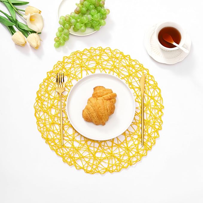 IcosaMro Yellow Round Placemats Set of 12 for Dining Table, 13 Inches Paper Woven Boho Small Decorative Circle Place Mat for Wedding Christmas Thanksgiving Day Holiday Dinner, Yellow