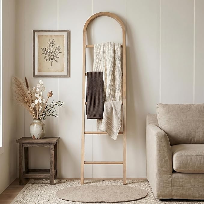 Wooden Blanket Ladder - Natural & Motley Wood - Leaning Wall Decor for Bedroom, Bathroom, Living Room - Rustic Quilt Holder & Towel Rack (Brown-Curved, 76in（5-Tier）)