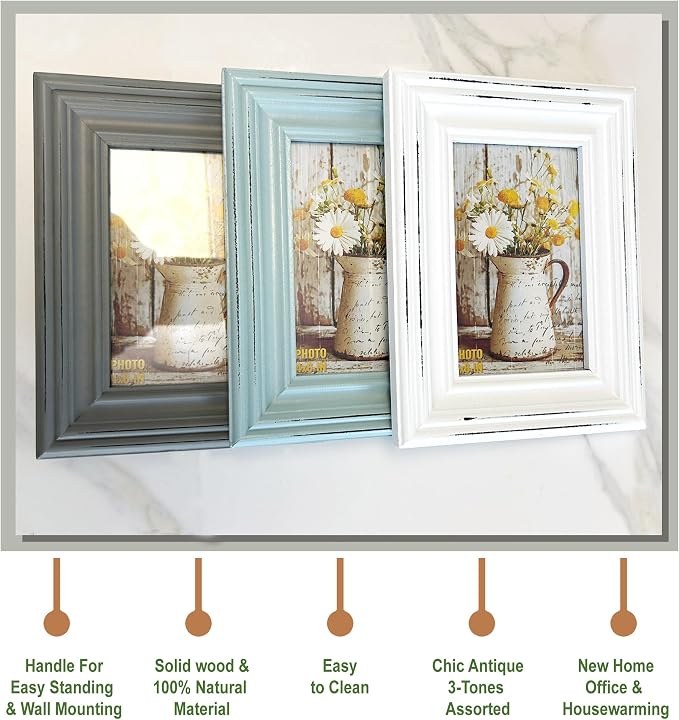 Vintage 4x6 Inches Wooden Picture Frame Pack of 3 Farmhouse Aqua Grey White - Rustic Thick Wood High Definition Glass Photo Frame Outside 6x8 Inches - 2 Ways Display Tabletop or Wall Mounted