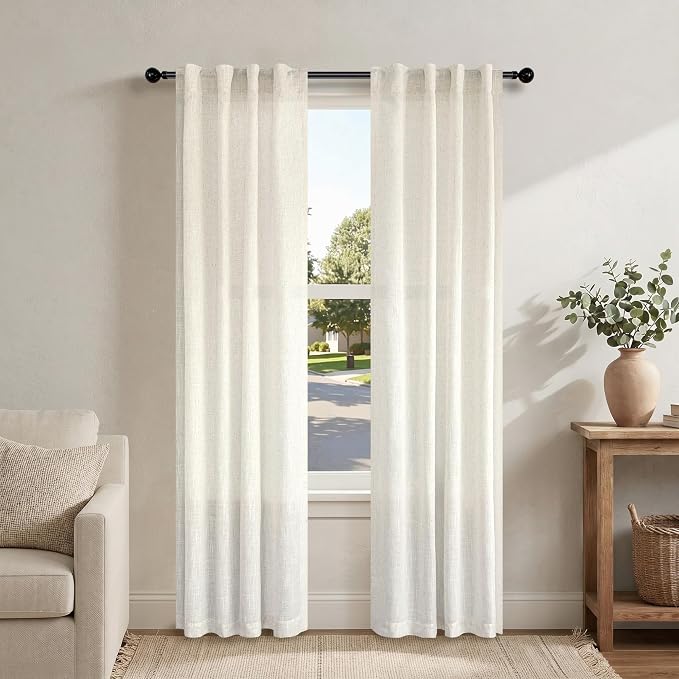 Pitalk Natural Doorway Linen Curtains 80 Inch Length 2 Panels Cream Ivory Light Filtering Semi Sheer Neutral Linen Drapes for Living Room Bedroom Modern Farmhouse Coastal Decor 34 x 80 Inches Long