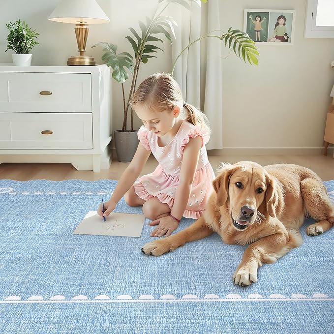 COZYLOOM Large Area Rug 9x12 Nursery Rugs Machine Washable Area Rugs for Living Room, Non Slip Stain Resistant Scalloped Bow Carpet, Non Shedding Low Pile Solid Mats for Bedroom, Dining Room, Blue