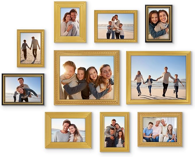 Americanflat Set of 10 Vintage Gold Frames with Polished Clear Glass - Gallery Wall Frame Set with Two 8x10, Four 5x7, and Four 4x6 Antique Frames for Tabletop or Wall Display