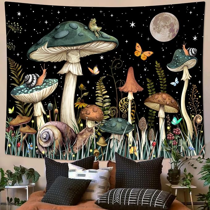 Zussun Green Mushroom Tapestry Moon Star Tapestries for Bedroom Aesthetic Starry Night Plant Tapastrys Wall Hanging Butterfly Snail Frog Wall Tapestry for Living Room Dorm (Dark, 48" x 36")