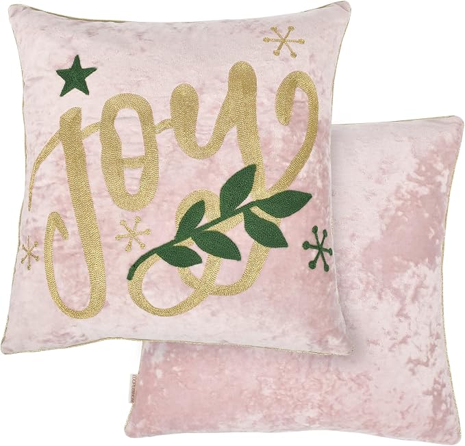 Joy Christmas Pillow Covers 18x18,Embroidered Velvet Christmas Throw Pillow Covers Christmas Decorations Holiday Pillows for Home Couch,Pink Blush/Gold