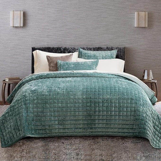 RECYCO Channel Box Stitch Velvet Quilt Set, Twin/Twin XL Size, Aqua Green | Ultra Soft Lightweight Velvet Comforter, Luxury Oversized Bedspread Coverlet, Quilted Bedding Set for All Season with 1 Sham