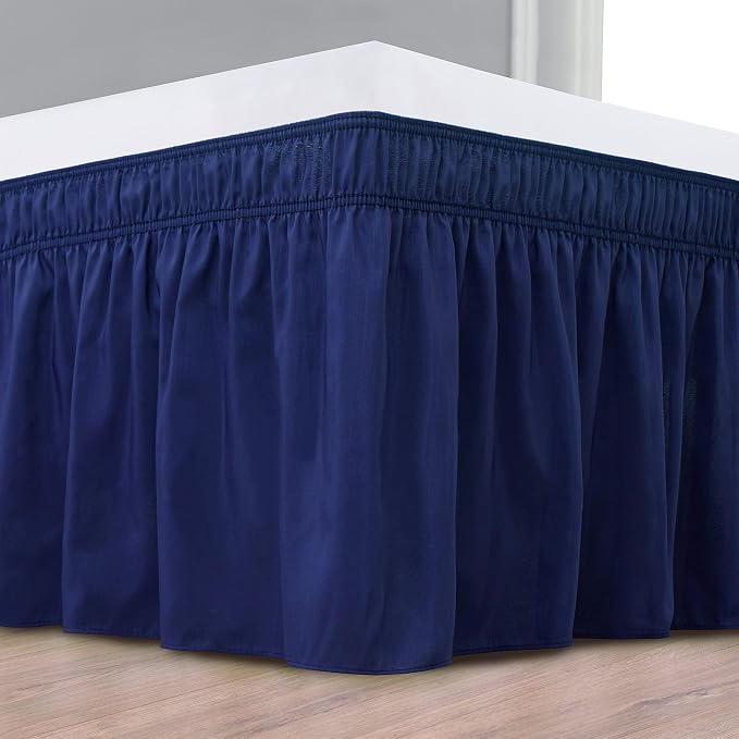 Wrap Around Bed Skirt Full Size Beds 17 Inch Drop-Elastic Dust Ruffle Navy | Adjustable Pleated Bedskirt-Easy Fit Wrinkle Resistant Washable Bed Skirting-Hotel Studio Apartment Home Guest Bedroom Rental