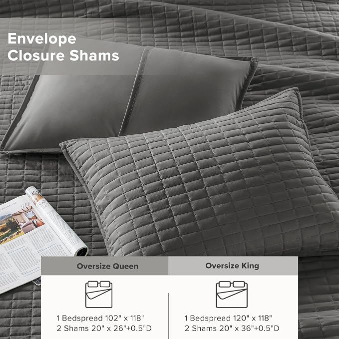 Comfort Spaces Oversized Bedspread Queen Quilt Set 3P 102x 118 Charcoal | Coverlet for Summer Soft Cozy Lightweight All Season Quilted Extra Layer with Matching Sham, Bedroom Decor OEKO-TEX Certified