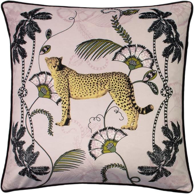 Paoletti Cheetah Velvet Cushion – Majestic Jungle Design with Piped Edge (Blush - 45 x 45cm)