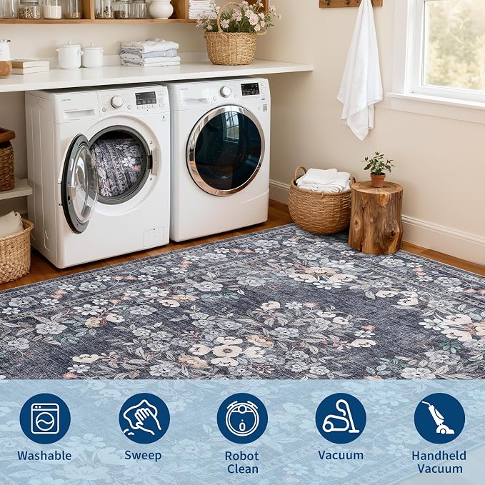 GarveeHome 8x10 Bedroom Rug Botanical Vintage Flower Floor Cover | Bordered Blue Rugs Low Pile Non-Slip Machine Washable Floral Area Rug for Living Room Guest Room Office Nursery