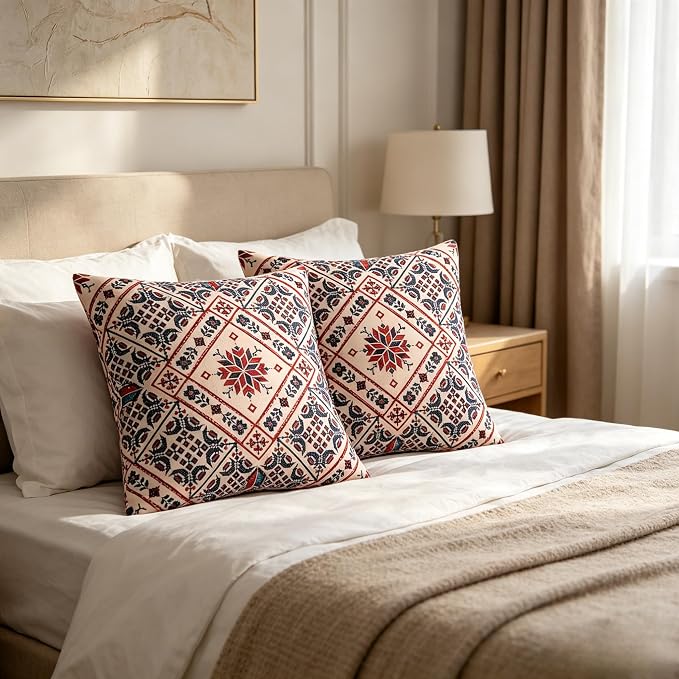 Boho Throw Pillow Covers 18x18 Set of 2 Red Blue Rustic Geometric Decorative Cushion Covers with Hidden Zipper, Soft Polyester Double Sided Machine Washable, No Insert