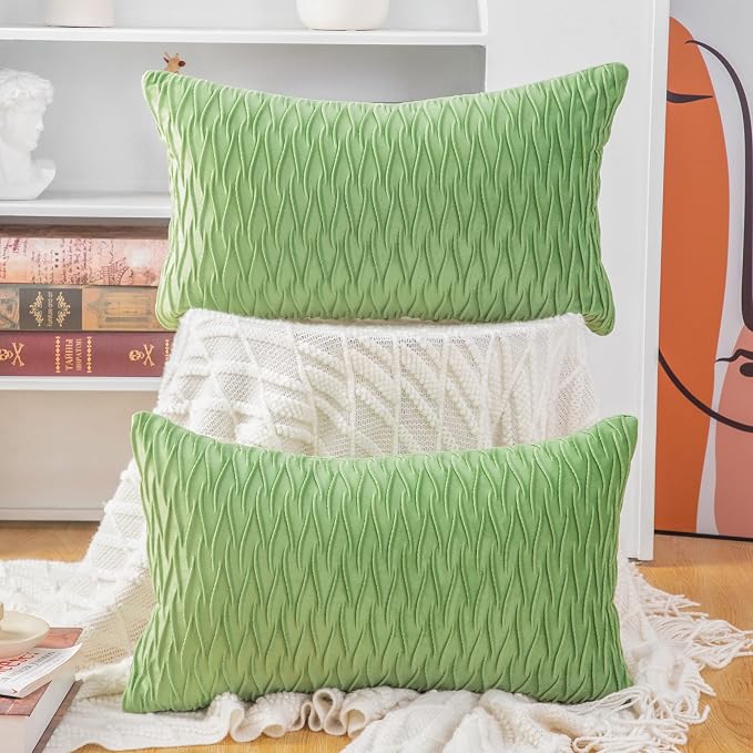 MADIZZ Set of 2 Super Soft Velvet Decorative Throw Pillow Covers 12x20 inch Apple Green Rectangular with Texture Luxury Style Cushion Case Pillow Shell for Sofa Bedroom