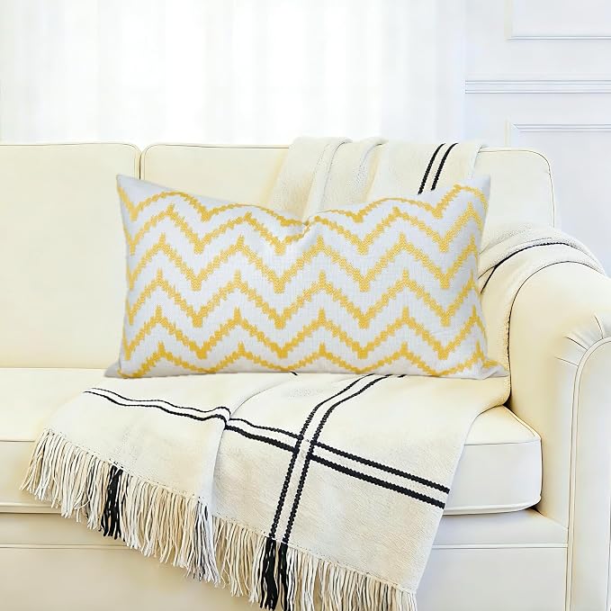 Slow Cow Linen Embroidery Rectangular Pillow Cover Pillowcase Decorative Lumbar Throw Pillow Cover for Couch Sofa 12 x 20 Inches Yellow Gold