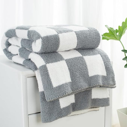 Carriediosa Checkered Throw Blanket 50x60, 400GSM Ultra Soft Microfiber | Grey, Fuzzy Fluffy Cozy Plush Knit Knitted Plaid Checker, Lightweight Cute Preppy Fall Blankets & Throws for Couch, Bed