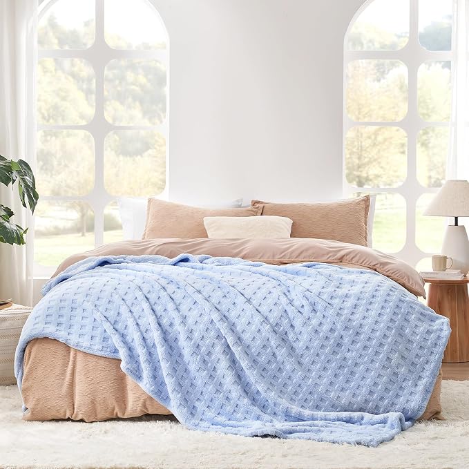 Cozy Bliss Ultrasoft Waffle Throw Blanket, Fluffy Cute Plush Blanket for Couch, Bed, Modern Home Accent, Portable for Picnic or Outdoor, Light Blue, 66"x90"