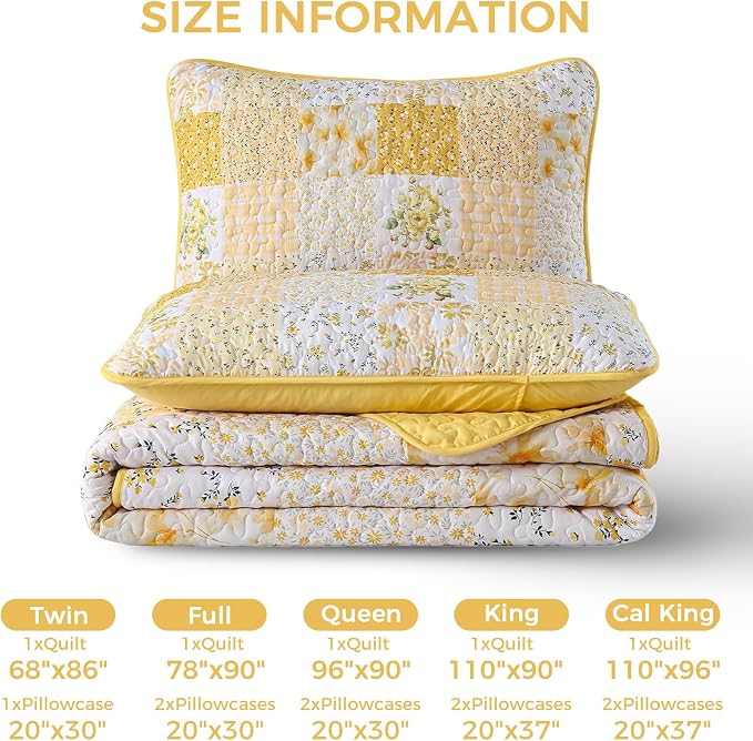 Mybedsoul Yellow Boho Quilt King Size, Patchwork Floral Bedding Set | Soft Lightweight Microfiber Reversible Coverlet Set, 3 Pieces Plaid Bedspread, Bed Sets for All Seasons 90"x110"
