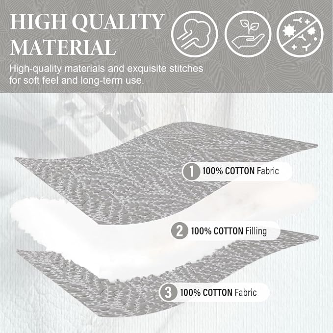 SahSahCasa Quilt Set King Size, 100% Cotton Quilt Bedding Set Bedspread, Botanical Pattern Solid Color Chic Lightweight Quilted Comforter for King Bed, White/Gray, All Season, 3 Pieces