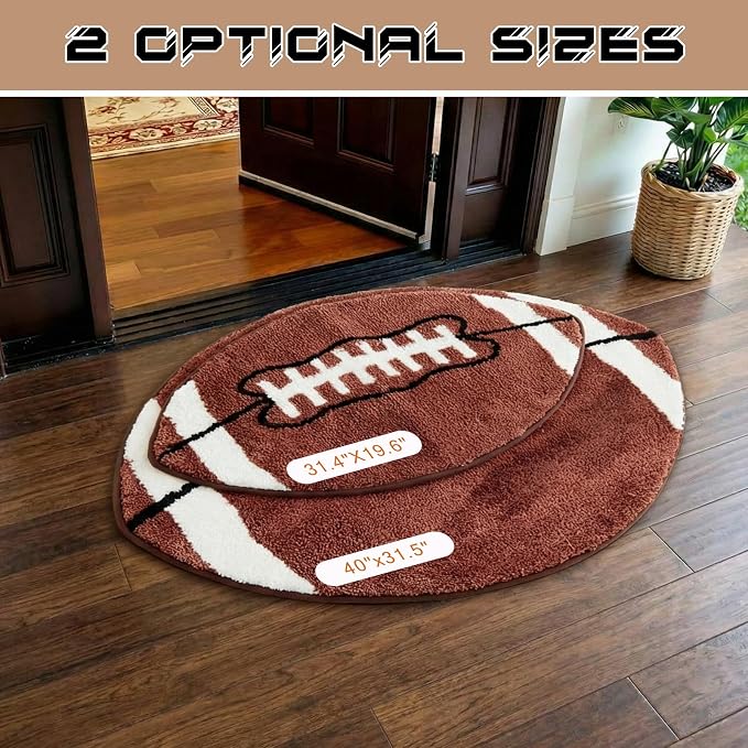 Funtery Large Football Rug for Boys Room Decor 32x39" Non Slip Absorbent Sports Soft Carpet Sports Area Rug Washable Touchdown Mat for Bathroom Playroom Athlete Back to School (Brown Football)
