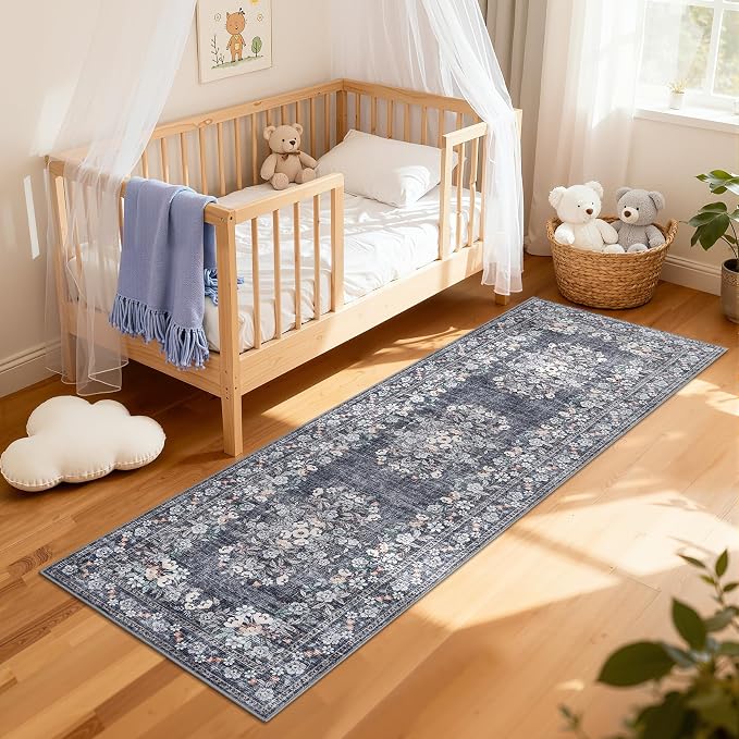 GarveeHome 2x10 Blue Runner Rug for Bath Distressed Leaf Flower Long Rug | Vintage Botanical Throw Floor Cover for Kitchen Low Pile Machine Washable Non-Slip Carpets Floral Rug for Entryway