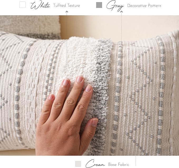 BlissBlush 20X20 Throw Pillow Cover, Cream Neutral Square Decorative Cushion Cover with Gray Pattern, Boho Accent Pillowcase with Tufted Details and Tassels for Couch Sofa Living Room (Cover Only)