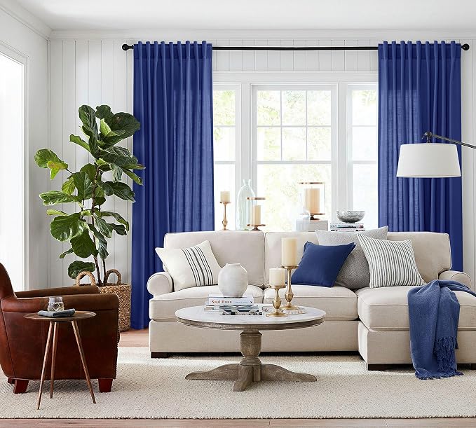 Jowels Classic Blue Linen Curtains 84 Inch Long 2 Panels for Living Room | Light Filtering Semi Sheer Curtain, Back Tab Pocket Pleated Look, Boho Farmhouse Textured Privacy Drapes for Bedroom Window