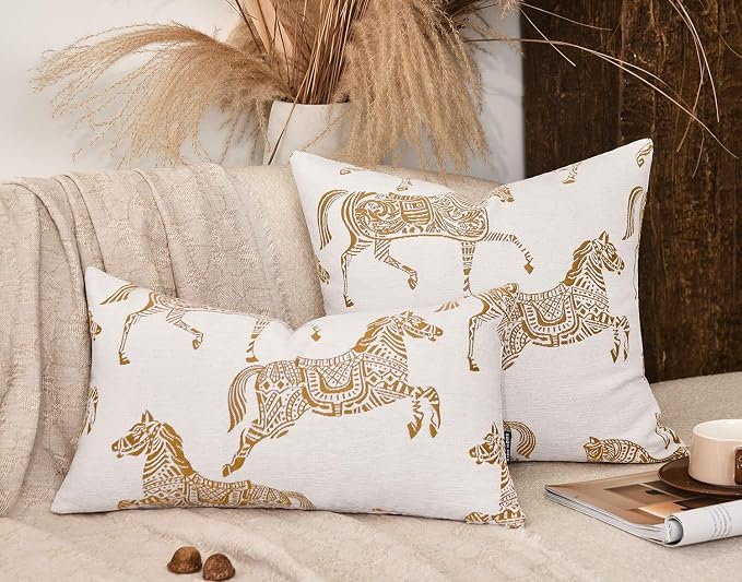 Lumbar Pillow Covers 12x20 inches, Double Sided Orange Horse Pattern Jacquard Embroidery Pillow Cover, Luxury Throw Pillow Cushion Cover for Sofa Bed Decor