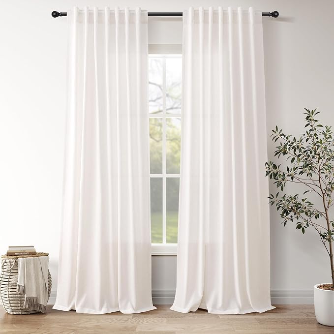 Ivory White Curtains 96 Inches Long 2 Panels for Bedroom Living Room Back Tab Semi Sheer Linen Curtain Modern Farmhouse Coastal Decor 96 inch for Patio Sliding Door Office 52X96