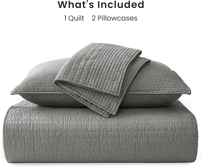 Love's cabin Queen Size Cotton Quilt Set, 100% Cotton Fabric Striped Textured Coverlet with Crinkled Look, Lightweight Quilted Bedspread for All Season, Includes 2 Pillow Shams, Grey | Lightweight