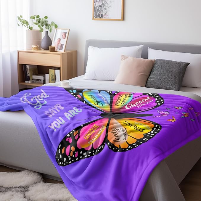 TURMTF Christian Butterfly Throw Blanket for Women, Inspirational Gifts for Wife Friend Daughter Mom, Purple Plush Fleece Blanket for Couch Bed Sofa, Birthday Christmas Mother's Day Home Decor