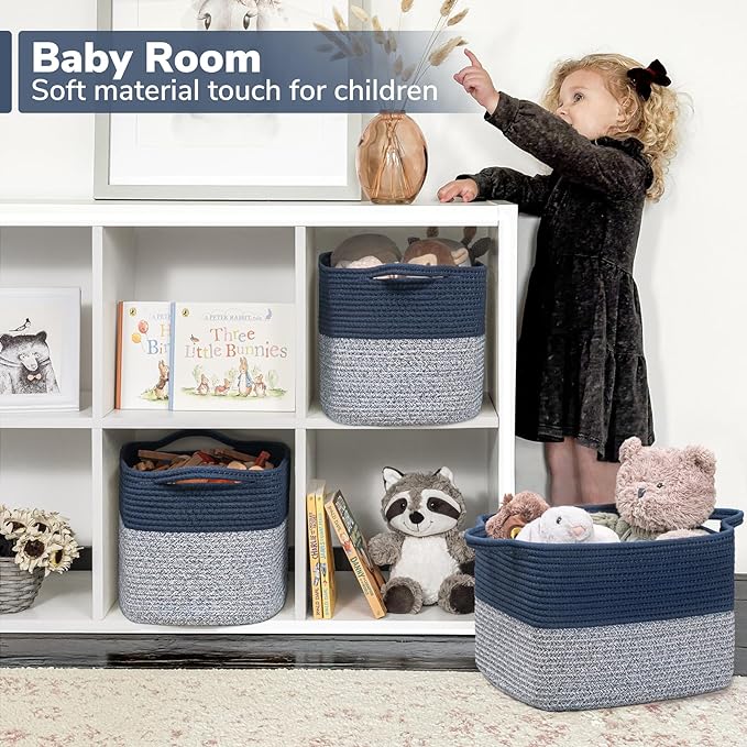 Goodpick Woven Storage Basket for Shelves, 13" x 10" x 9", Blue | Decorative Gift Basket for Nursery & Bedroom Organization, Cotton Rope Baskets for Books, Toys & Towels, Reinforced Handles